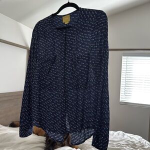 Maeve Navy with Teal & White Bird Detail Button Down Blouse Size 8